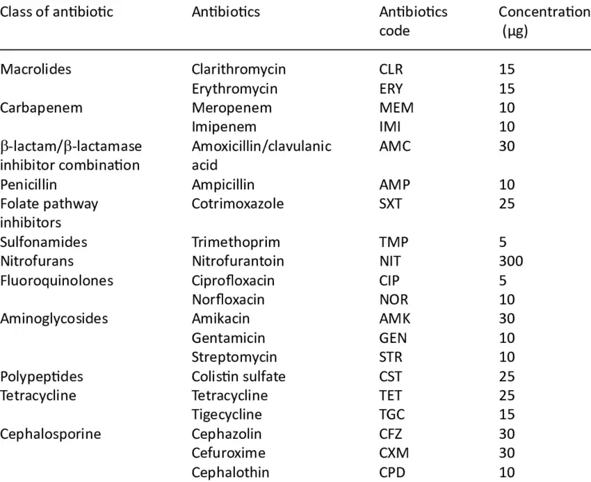 Antibiotics used for E. coli susceptibility profile